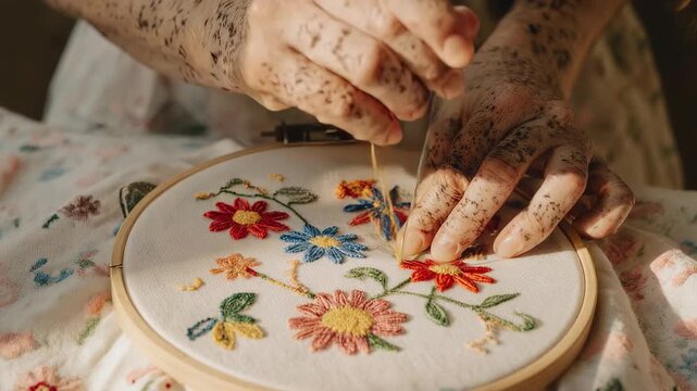Embroidery Art - A Close-Up Look at Floral Stitching.