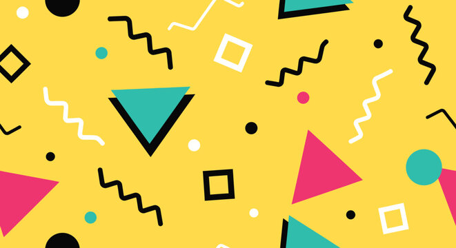 Retro Geometric Pattern with Triangles, Squares, and Zigzags on Yellow Background