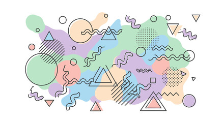Dynamic Abstract Geometric Background with Playful Pastel Shapes and Outlines, Evoking a Retro 80s and 90s Style for Modern Design Projects