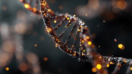 Stunning Visualization of a DNA Double Helix with Glowing Particles in a Dark Background