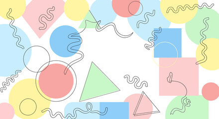 Abstract geometric shapes and wavy lines in a retro pastel color palette