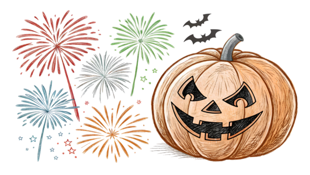 Hand-drawn Halloween Jack-o-lantern illustration featuring a scary face, bright fireworks, and flying bats isolated on transparent background - Powered by Adobe