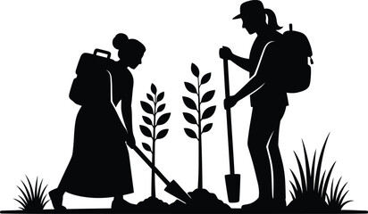 Women Reforestation Team Planting Saplings Silhouette Vector Icon