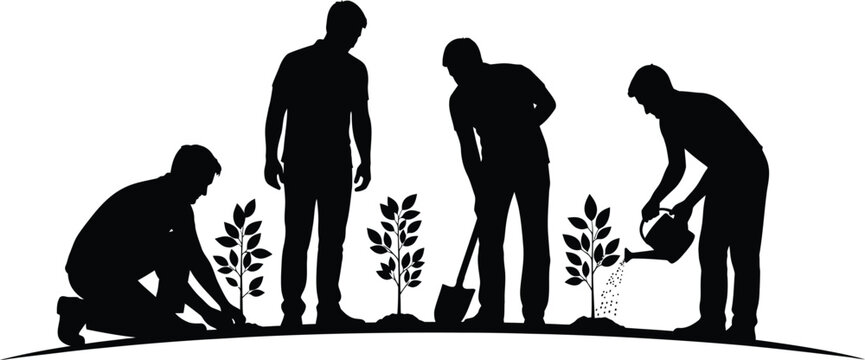 Group of people planting young trees and watering saplings silhouette vector illustration for nature conservation and gardening