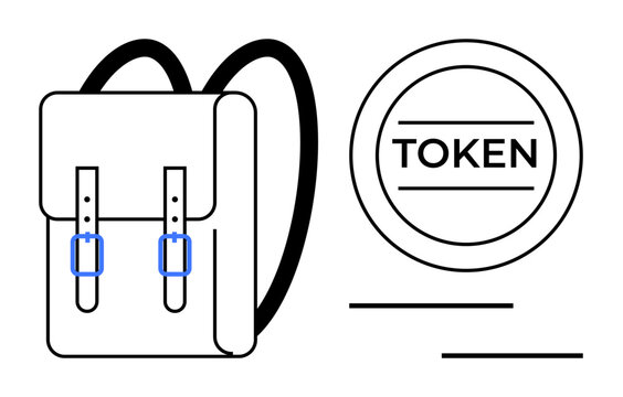 Backpack with straps next to a token coin represents travel rewards, education, savings, adventure gear, loyalty programs, minimalistic design, ideal for simple flat metaphor