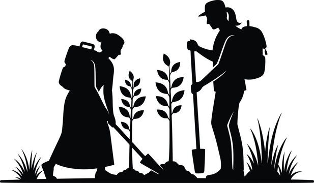 Women Reforestation Team Planting Saplings Silhouette Vector Icon