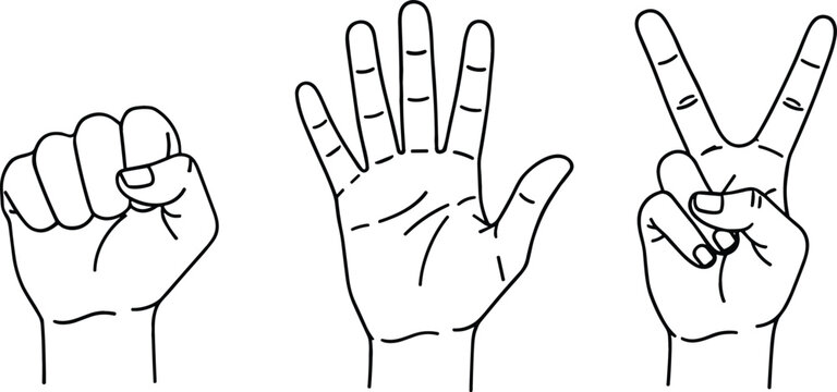 Line Art Illustration of Rock, Paper, Scissors Hand Gestures in Minimal Style