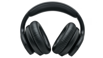 Black over ear headphones with padded earcups and adjustable headband isolated on a transparent background