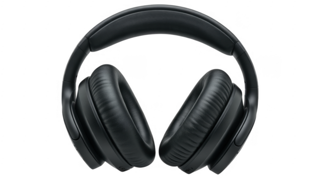 Black over ear headphones with padded earcups and adjustable headband isolated on a transparent background