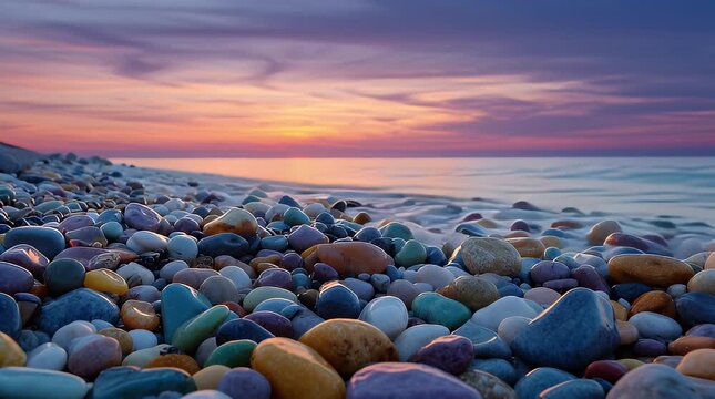 Sunset over pebble beach with gentle waves