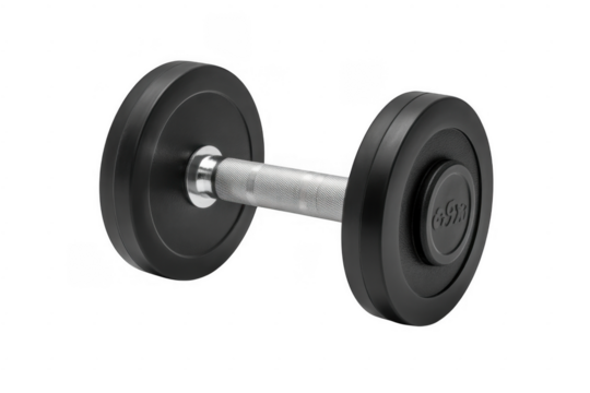 Black round weight plate dumbbell with silver textured grip isolated on a transparent background - Powered by Adobe