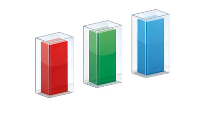 Modern 3D infographic bar chart showing data progression using red, green, and blue columns isolated on transparent background