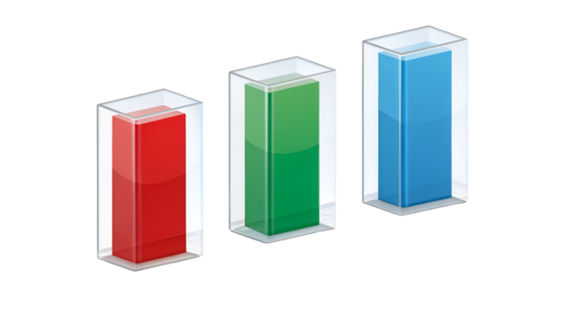 Modern 3D infographic bar chart showing data progression using red, green, and blue columns isolated on transparent background