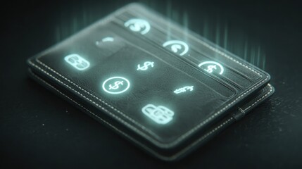 A futuristic digital wallet concept featuring currency symbols and a sleek design