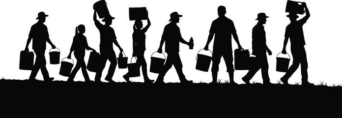 Group silhouette of people carrying water buckets and jerrycans walking on grass in black and white vector graphic © Kafi