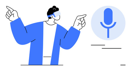 Man wearing virtual reality headset gesturing towards a microphone icon. Ideal for innovation, technology, virtual interaction, AI, digital communication, voice control, futuristic concepts. Simple