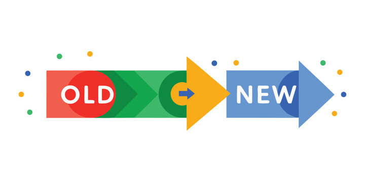 Colorful graphic showing the transition from old to new with arrow progression