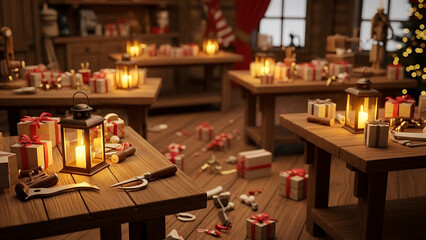 Christmas Workshop Festive Scene of Presents, Lanterns, and Holiday Decorations, Cozy Atmosphere