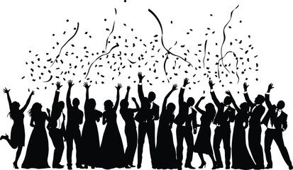 Crowd of party people celebrating under falling confetti and streamers black and white silhouette vector © Kafi