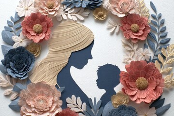 Intricate paper craft silhouette depicts maternal bond encircled by delicate floral wreath