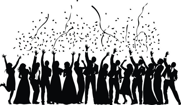 Crowd of party people celebrating under falling confetti and streamers black and white silhouette vector