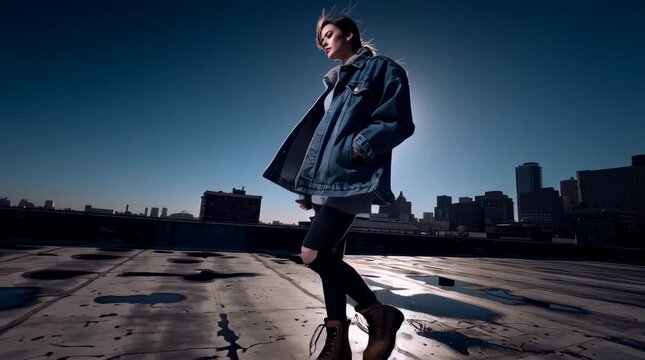 female model strides across a gritty rooftop, tar patches catching harsh morning sun. Her slate denim jacket lifts slightly in the wind as she bites the inside of her cheek, mid-pacing with industrial