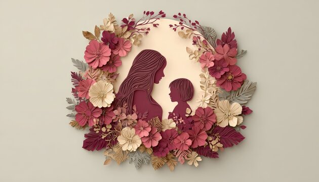 Paper craft layered artwork depicts the silhouette profiles of a mother and child surrounded by a floral wreath