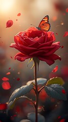 ดอกกุหลาบสีแดงและผีเสื้อ