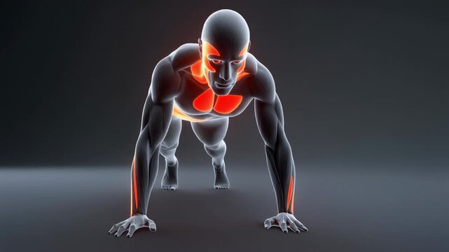3D animation of a man doing push-ups showing active muscle groups in red