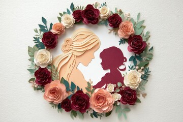 Layered paper craft depicts a mother and child silhouette embraced by a floral wreath arrangement