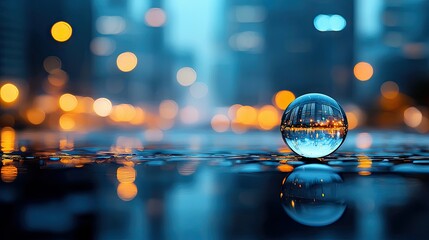 A crystal ball sits on a wet surface, reflecting city lights and buildings at night. The image has a bokeh effect, creating a dreamy atmosphere.