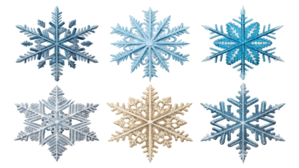 Six glittering winter holiday snowflakes in blue, silver, and champagne colors for Christmas decoration isolated on transparent background