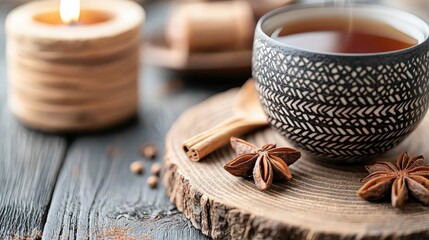 A cup of tea with spices is placed on a wooden board, with a lit candle in the background, creating a cozy and relaxing atmosphere.