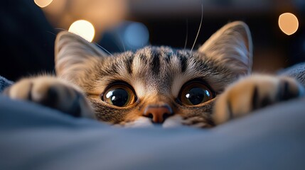 Close-up of a tabby cat peeking over a soft blanket, with large eyes and bokeh lights in the background, creating a warm and cozy atmosphere.