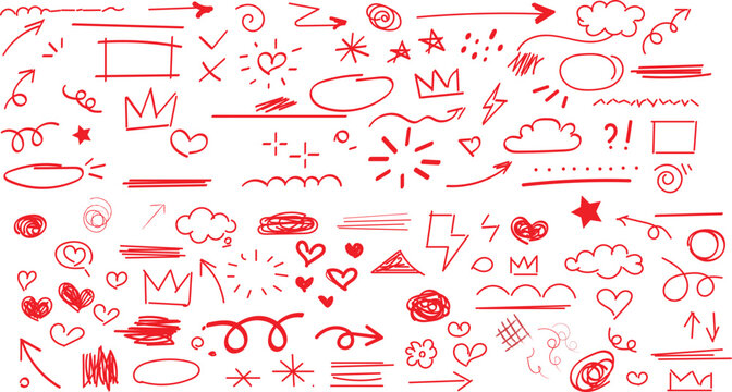 collection of hand-drawn red doodles and sketch elements sparkle stars vector illustration  
