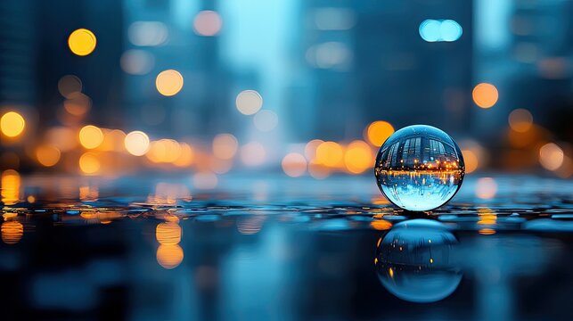 A crystal ball sits on a wet surface, reflecting city lights and buildings at night. The image has a bokeh effect, creating a dreamy atmosphere.