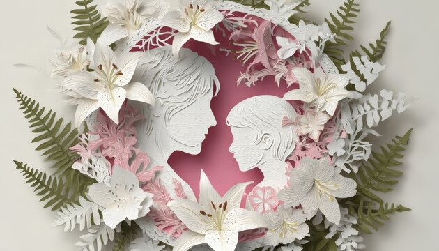 Paper craft silhouette portrait of a woman and child framed by lush floral elements