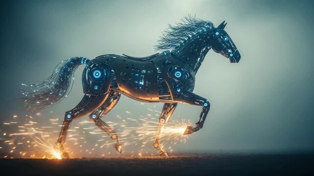 Majestic robotic horse sprints with ethereal sparks, technological marvel and nature blend in