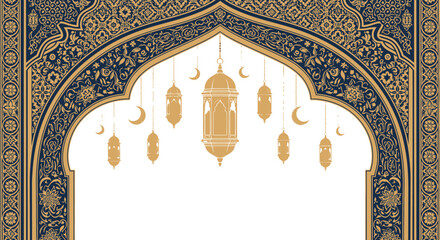 Elegant islamic arch design featuring hanging golden lanterns and ornate floral decorations perfect for ramadan or eid celebrations background
