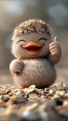 A cute cartoon duckling is giving a thumbs up and smiling. It is standing outdoors in a sunny environment.