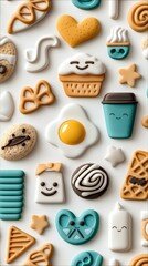 An assortment of cute food items including cookies, pastries, and a coffee cup, arranged on a white background.