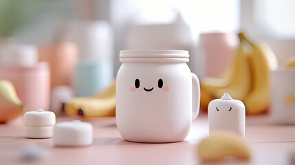 A whimsical still life featuring a smiling jar character, accompanied by other cute objects, arranged on a pink surface with a soft, pastel color palette.