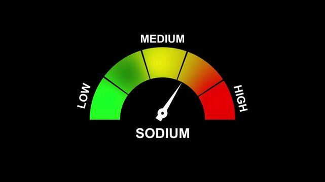 Sodium Meter Showing Medium Level With Green Yellow Orange and Red Zones gauge measurement. 4K motion animation on a transparent background alpha channel.