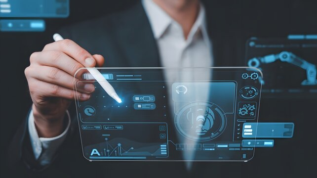 A businessman interacts with a futuristic holographic interface using a stylus in a high-tech environment.