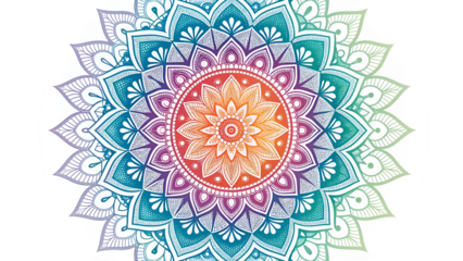 Symmetrical ornamental mandala design with a vibrant rainbow color scheme and complex line art details isolated on transparent background