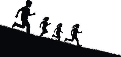 Four children running uphill on grassy silhouette trail black and white vector illustration