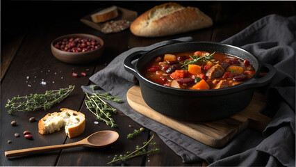 Hearty bean stew recipe: delicious homemade vegetable and meat stew in a cast iron pot on wooden table