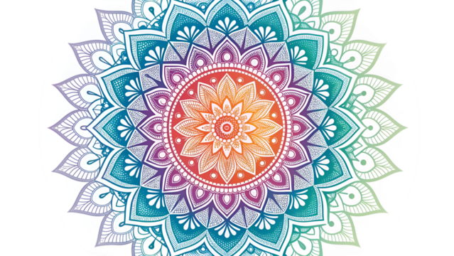 Symmetrical ornamental mandala design with a vibrant rainbow color scheme and complex line art details isolated on transparent background - Powered by Adobe