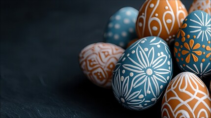 Close-up of a group of decorated Easter eggs with intricate designs, arranged on a dark, textured surface. The eggs are in various colors and patterns.