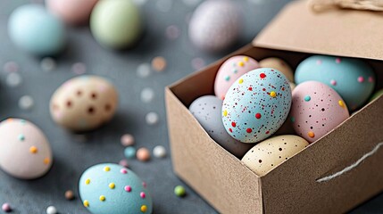 Close-up of colorful decorated Easter eggs in a cardboard box, with scattered eggs on a gray surface. The scene is lit with soft, natural light.